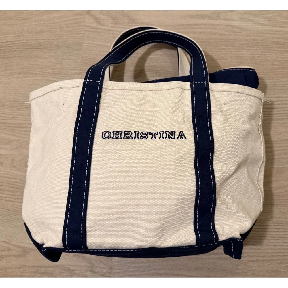 L.L.Bean Boat and Tote Canvas Cream Navy Zip Top Monogrammed Christina Preppy